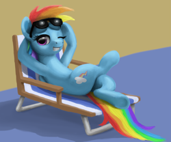Size: 2125x1772 | Tagged: safe, artist:odooee, character:rainbow dash, species:pegasus, species:pony, episode:every little thing she does, g4, my little pony: friendship is magic, arm behind head, chillaxing, crossed legs, female, looking at you, mare, one eye closed, solo, sunglasses, wink