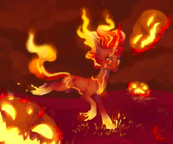Size: 6000x5000 | Tagged: safe, artist:coconuthound, character:sunset shimmer, species:pony, species:unicorn, absurd resolution, female, fiery shimmer, fire, halloween, jack-o-lantern, mane of fire, on fire, pumpkin, solo
