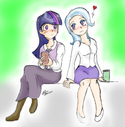 Size: 950x970 | Tagged: safe, artist:claireannecarr, character:trixie, character:twilight sparkle, species:human, ship:twixie, clothing, female, heart, humanized, lesbian, looking at each other, no pupils, shipping, sitting, skirt