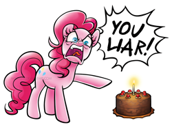 Size: 1000x733 | Tagged: safe, artist:miszasta, character:pinkie pie, angry, cake, crossover, female, food, looking at you, meme, pointing, portal (valve), simple background, solo, the cake is a lie