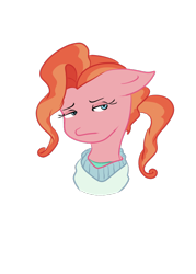 Size: 500x700 | Tagged: safe, artist:jodi sli, species:earth pony, species:pony, episode:where the apple lies, g4, my little pony: friendship is magic, bust, clothing, female, floppy ears, lidded eyes, looking away, mare, peachy plume, portrait, receptionist, simple background, solo, transparent background