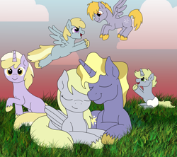 Size: 3929x3487 | Tagged: safe, artist:faitheverlasting, character:chirpy hooves, character:crackle pop, character:derpy hooves, character:dinky hooves, character:dipsy hooves, character:ponet, species:pegasus, species:pony, chirpy hooves, female, grass, male, mare, nuzzling, ponetderp, shipping, straight, sunset