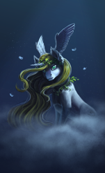 Size: 1551x2563 | Tagged: safe, artist:spirit-alu, oc, oc only, species:pony, species:unicorn, cloud, cute, feather, gift art, head wings, lidded eyes, looking at you, present, simple background, sitting, smiling, solo, wat