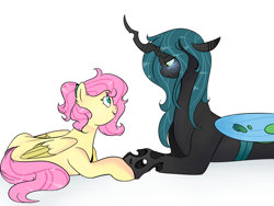Size: 1024x768 | Tagged: safe, artist:howlingatthemoon654, artist:soft-arthropod, character:fluttershy, character:queen chrysalis, species:changeling, species:pegasus, species:pony, ship:chrysashy, alternate hairstyle, beautiful, blushing, changeling queen, crack shipping, cute, cutealis, eye contact, female, hoof hold, lesbian, looking at each other, mare, open mouth, shipping, shyabetes, simple background, white background