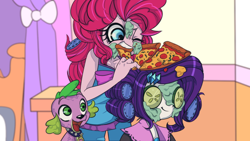 Size: 1000x562 | Tagged: safe, artist:setoya, character:pinkie pie, character:rarity, character:spike, species:dog, my little pony:equestria girls, cucumber, eating, food, hair curlers, mud mask, pizza, spike the dog