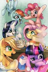 Size: 1377x2039 | Tagged: safe, artist:setoya, character:applejack, character:fluttershy, character:pinkie pie, character:rainbow dash, character:rarity, character:twilight sparkle, armpits, baking, batter, book, cake, cookbook, egg, food, fork, knife, mane six, milk, one eye closed, sprinkles, tongue out, whipped cream, wink