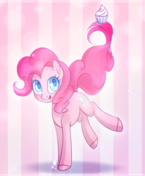 Size: 1583x1921 | Tagged: dead source, safe, artist:mp-printer, character:pinkie pie, species:earth pony, species:pony, abstract background, cupcake, cute, diapinkes, female, food, looking at you, smiling, solo