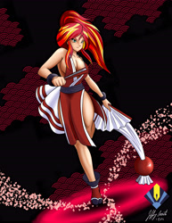 Size: 5100x6600 | Tagged: safe, artist:penspark, character:sunset shimmer, species:human, my little pony:equestria girls, absolute cleavage, absurd resolution, ami koshimizu, breasts, busty sunset shimmer, cleavage, clothing, cosplay, costume, crossover, fatal fury, female, humanized, king of fighters, mai shiranui, solo, voice actor joke