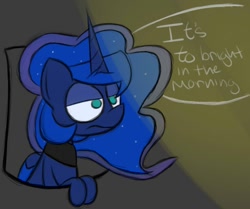 Size: 1100x918 | Tagged: safe, artist:booker-the-dewitt, character:princess luna, annoyed, bust, dialogue, female, grammar error, lidded eyes, morning, sketch, solo, tired
