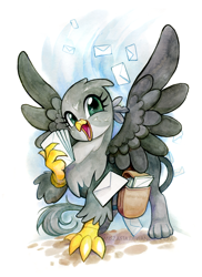 Size: 600x826 | Tagged: safe, artist:miszasta, character:gabby, species:griffon, episode:the fault in our cutie marks, g4, my little pony: friendship is magic, cute, female, gabbybetes, letter, looking at you, mail, mailbag, solo
