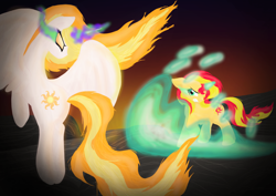Size: 1024x724 | Tagged: safe, artist:mimicproductions, character:nightmare star, character:princess celestia, character:sunset shimmer, species:pony, dark magic, fight, fire, glowing horn, magic, sombra eyes