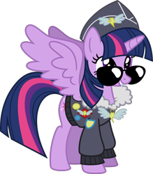 Size: 5000x5707 | Tagged: safe, artist:lman225, character:twilight sparkle, character:twilight sparkle (alicorn), species:alicorn, species:pony, episode:testing testing 1-2-3, g4, my little pony: friendship is magic, absurd resolution, ancient wonderbolts uniform, aviator glasses, clothing, commander easy glider, cosplay, costume, female, hat, jacket, mare, simple background, solo, spread wings, sunglasses, transparent background, vector, wings