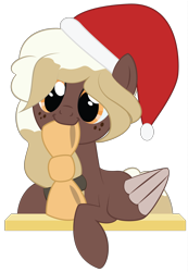Size: 2000x2892 | Tagged: safe, artist:mintysketch, oc, oc only, oc:sweet mocha, species:pegasus, species:pony, bow, clothing, cute, hat, minty's christmas ponies, mochabetes, santa hat, simple background, solo, to saddlebags and back again, transparent background