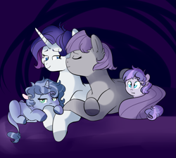 Size: 1231x1109 | Tagged: safe, artist:soft-arthropod, character:maud pie, character:rarity, oc, parent:rarity, parent:spike, parents:rarimaud, parents:sparity, species:dracony, ship:rarimaud, cute, family, female, group, half-siblings, hybrid, interspecies offspring, kiss on the cheek, kissing, lesbian, magical lesbian spawn, movie night, offspring, shipping, simple background