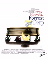 Size: 4910x6053 | Tagged: safe, artist:europamaxima, character:derpy hooves, absurd resolution, bag, bench, crossover, female, forrest gump, movie poster, parody, sitting, solo, text