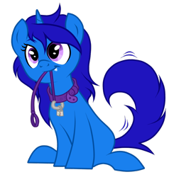 Size: 958x1008 | Tagged: safe, artist:riisusparkle, oc, oc only, oc:delly, species:pony, species:unicorn, collar, cute, female, leash, looking at you, mare, pet play, show accurate, smiling, solo, tail wag