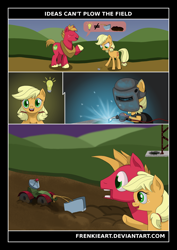 Size: 1700x2400 | Tagged: safe, artist:frenkieart, character:applejack, character:big mcintosh, species:earth pony, species:pony, episode:where the apple lies, g4, my little pony: friendship is magic, blowtorch, comic, engineering, eyes closed, female, genius, idea, lightbulb, male, mare, open mouth, plow, raised hoof, stallion, technology, teenage applejack, teenage big macintosh, thought bubble, welding mask, wide eyes, younger