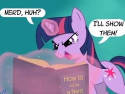 Size: 1280x960 | Tagged: safe, artist:nuka-kitty, character:twilight sparkle, species:pony, species:unicorn, adorkable, book, bookhorse, cute, dialogue, dork, evil grin, female, funny, grin, i'll show them, levitation, magic, mare, nerd, reading, simple background, smiling, solo, telekinesis, that pony sure does love books