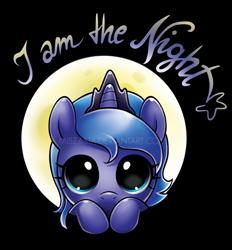 Size: 500x538 | Tagged: safe, artist:miszasta, character:princess luna, species:alicorn, species:pony, big eyes, black background, bust, cute, dilated pupils, female, filly, full face view, full moon, i am the night, leaning, looking at you, lunabetes, moon, portrait, simple background, solo, text, weapons-grade cute, woona, younger