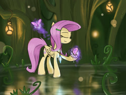 Size: 2048x1536 | Tagged: safe, artist:qzygugu, part of a set, character:fluttershy, butterfly, eyes closed, female, folded wings, forest, hairpin, holding, jewelry, lantern, necklace, peaceful, reflection, solo