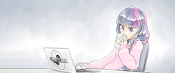 Size: 2560x1080 | Tagged: safe, artist:reavz, edit, character:twilight sparkle, species:human, computer, female, humanized, laptop computer, solo, ultra widescreen, wallpaper, wallpaper edit, widescreen