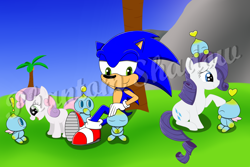 Size: 1024x683 | Tagged: safe, artist:phantomshadow051, character:rarity, character:sonic the hedgehog, character:sweetie belle, chao, crossover, sonic the hedgehog (series), watermark