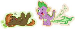 Size: 1280x501 | Tagged: safe, artist:serenamidori, character:button mash, character:spike, species:dragon, species:earth pony, species:pony, colt, eyes closed, fart, fart joke, fart noise, fire, fire fart, laughing, male, on back, one eye closed, onomatopoeia, simple background, sound effects, transparent background