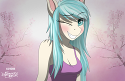 Size: 3400x2200 | Tagged: safe, artist:mcflurrylazermuffin, character:coco pommel, species:anthro, alternate hairstyle, blushing, breasts, bust, busty coco pommel, cleavage, clothing, cocobetes, colored pupils, cute, female, grin, long hair, looking at you, one eye closed, raised eyebrow, signature, smiling, solo, tank top, wink