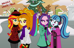 Size: 5778x3778 | Tagged: safe, artist:skycatcherequestria, character:adagio dazzle, character:aria blaze, character:sonata dusk, character:sunset shimmer, ship:arisona, ship:sunsagio, equestria girls:rainbow rocks, g4, my little pony: equestria girls, my little pony:equestria girls, absurd resolution, adoragio, antlers, beanie, canterlot high, christmas, christmas tree, clothing, courtyard, cute, female, fingerless gloves, frown, glare, gloves, grin, hat, headphones, holiday, lesbian, looking at you, merry christmas, open mouth, pants, red nose, reindeer antlers, scarf, shimmerbetes, shipping, smiling, snow, the dazzlings, tree, unamused, wall of tags, winter outfit