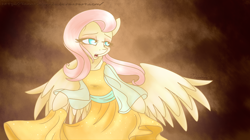Size: 1100x616 | Tagged: safe, artist:fanaticpanda, character:fluttershy, species:pony, anastasia, bipedal, clothing, crossover, don bluth, dress, female, lidded eyes, looking away, open mouth, parody, solo, spread wings, wings