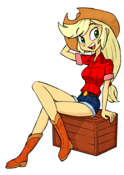 Size: 1070x1500 | Tagged: safe, artist:shinda mane, artist:union of the snake, artist:uotsda, character:applejack, comic:psychosomatic counterfeit ex: a.j., my little pony:equestria girls, applejack's hat, boots, clothing, colored, cowboy hat, crate, cute, explicit series, female, hat, jackabetes, open mouth, simple background, sitting, solo, white background