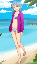 Size: 1462x2500 | Tagged: safe, artist:kare-valgon, oc, oc only, oc:hatii, species:human, barefoot, beach, belly button, bikini, clothing, colored pupils, feet, female, hoodie, humanized, humanized oc, looking at you, ocean, open clothes, open shirt, sand, smiling, solo, summer, swimsuit, water