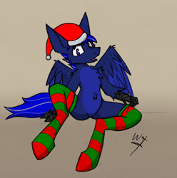 Size: 3185x3205 | Tagged: safe, artist:php122, oc, oc only, oc:neutrino burst, species:hippogriff, christmas, christmas stocking, clothing, cute, featureless crotch, hat, socks, solo, striped socks, talons, wings