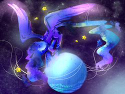Size: 2568x1934 | Tagged: safe, artist:xkittyblue, character:princess luna, female, glowing wings, horn jewelry, jewelry, moon, solo, space, stars