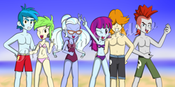 Size: 1600x800 | Tagged: safe, artist:phantomshadow051, character:cherry crash, character:mystery mint, character:sugarcoat, g4, my little pony:equestria girls, armpits, background human, bare chest, belly button, bikini, cherry crash, clothing, crimson napalm, midriff, partial nudity, swimsuit, thunderbass, thunderstruck (band), topless, valhallen, watermark