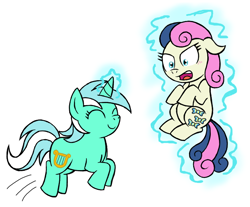 Size: 726x601 | Tagged: safe, artist:darlimondoll, character:bon bon, character:lyra heartstrings, character:sweetie drops, species:earth pony, species:pony, species:unicorn, blushing, bon bon is not amused, duo, eyes closed, floppy ears, levitation, magic, open mouth, simple background, smiling, telekinesis, unamused, white background, wrong magic color