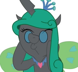Size: 548x511 | Tagged: safe, artist:kirbymlp, character:queen chrysalis, chrysalislover, female, glasses, happy face, mirror, mirror universe, parallel equestria, parallel universe, reflections, reversalis, solo