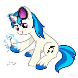 Size: 1500x1500 | Tagged: safe, artist:ghostlymuse, character:dj pon-3, character:vinyl scratch, species:pony, species:unicorn, bigender, colored hooves, female, glowing horn, hooves, horn, levitation, magic, mare, scissors, simple background, sitting, solo, sunglasses, telekinesis, tongue out, transparent background, unshorn fetlocks