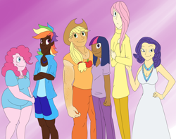 Size: 1280x1011 | Tagged: safe, artist:ac-drawings, artist:askthemanesix, artist:mousathe14, character:applejack, character:fluttershy, character:pinkie pie, character:rainbow dash, character:rarity, character:twilight sparkle, species:human, applejacked, askthemanesix, breasts, busty rarity, cleavage, clothing, delicious flat chest, dress, fat, female, flattershy, gradient background, group shot, humanized, mane six, muscles, pudgy pie, skinny, sweater, sweatershy, tallershy