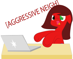 Size: 2000x1601 | Tagged: safe, artist:phinpie, oc, oc only, oc:metro, species:pegasus, species:pony, annoyed, bionic eye, computer, descriptive noise, female, frown, glare, laptop computer, looking at you, mare, meme, neigh, open mouth, simple background, solo, table, transparent background, underhoof, vector