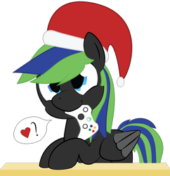 Size: 2000x2070 | Tagged: safe, artist:mintysketch, oc, oc only, species:pegasus, species:pony, clothing, controller, dialogue, hat, male, minty's christmas ponies, santa hat, simple background, solo, speech bubble, transparent background, xbox one controller
