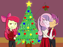 Size: 1280x960 | Tagged: safe, artist:phantomshadow051, character:apple bloom, character:scootaloo, character:sweetie belle, ship:scootabelle, my little pony:equestria girls, christmas, clothing, female, kissing, lesbian, mistletoe, obtrusive watermark, shipping, skirt, unamused, watermark