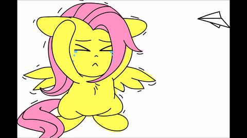Size: 480x270 | Tagged: safe, artist:pinkamena-chan, character:fluttershy, animated, cowering, crying, female, gif, paper airplane, solo