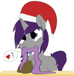 Size: 2000x2046 | Tagged: safe, artist:mintysketch, oc, oc only, oc:aegis heart, clothing, dialogue, hat, minty's christmas ponies, santa hat, scarf, simple background, solo, speech bubble, transparent background, vector