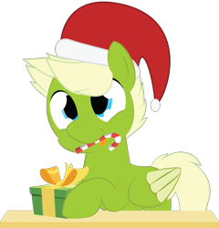 Size: 2000x2082 | Tagged: safe, artist:mintysketch, oc, oc only, oc:ponytronic, species:pegasus, species:pony, candy, candy cane, clothing, food, hat, male, minty's christmas ponies, mouth hold, present, santa hat, simple background, smiling, solo, tongue out, transparent background, vector