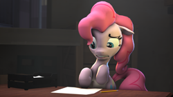 Size: 1920x1080 | Tagged: safe, artist:ferexes, character:pinkie pie, 3d, female, floppy ears, paper, pencil, scared, solo, source filmmaker