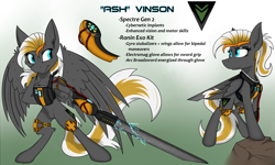 Size: 3000x1800 | Tagged: safe, artist:dangercloseart, oc, oc only, oc:ash vinson, species:pegasus, species:pony, cyborg, dog lip, ponified, solo, style emulation, titanfall