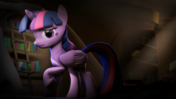 Size: 1920x1080 | Tagged: safe, artist:ferexes, character:twilight sparkle, character:twilight sparkle (alicorn), species:alicorn, species:pony, 3d, book, female, golden oaks library, raised hoof, solo