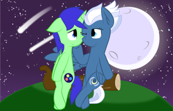 Size: 2117x1357 | Tagged: safe, artist:phinpie, character:night glider, oc, oc:kosmos, species:pony, species:unicorn, canon x oc, crossed legs, ear fluff, floppy ears, full moon, log, looking at each other, moon, night, night sky, one eye closed, shipping, shooting star, sitting, smiling, spread wings, stars, wings