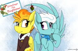 Size: 1108x721 | Tagged: safe, artist:dangercloseart, character:fleetfoot, character:spitfire, ship:fleetfire, christmas, clothing, female, holly, holly mistaken for mistletoe, lesbian, shipping